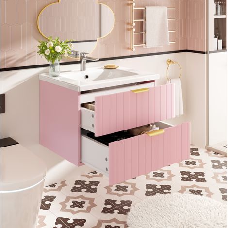 Mueble de baño suspendido con lavabo 60,5 cm, 2 cajones, MDF y cerámica, rosa y blanco DESVIAE (1/5)