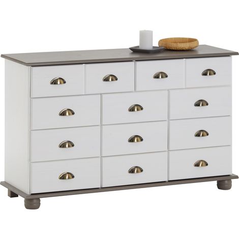 Idimex – Commode enfant en pin massif blanc/taupe – 11 tiroirs – Dimensions 73 x 117 x 35 cm (H x L x P) – Poignées coquille en métal bronze