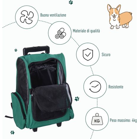 Sac de voyage 2 en 1 pour chien et chat, 55x42x25 cm, couleur verte, équipé de roues, poignée escamotable et poches latérales (1/5)