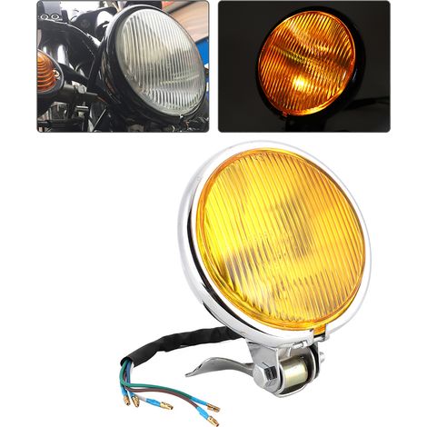 Phare de moto vintage universel, style rétro, coque argentée et verre jaune, accessoire de modification pour moto (1/5)