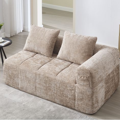 Canapé 2 places 158x90x60 cm kaki en chenille avec méridienne, coussin inclus et poches latérales (1/5)