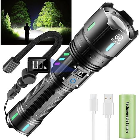 Linterna LED ultra potente Jayxinli de 1.000.000 de lúmenes – Batería recargable de 5000 mAh con pantalla LCD, 5 modos, zoom, resistente al agua IP67 – Linterna potente para acampar y hacer senderismo (1/5)