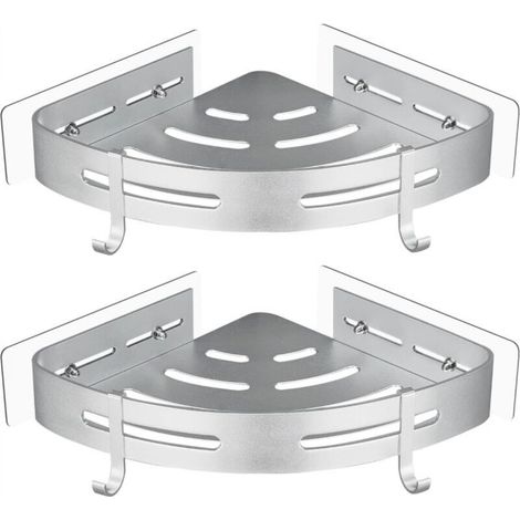 Metal Corner Shower Shelf, No Drilling Required, with 2 Shower Hooks, Rustproof, Self-Adhesive, for Bathroom Items, 2 Pieces (Silver) (1/4)