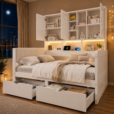 REDOM Kinderbett 90x200 cm, mit Stauraum, LED und USB, Kopfteil mit PU Bezug, MDF, Weiß (1/5)