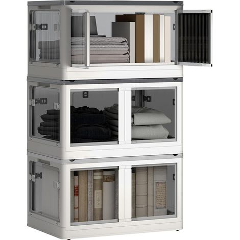 Boîtes de rangement pliables et empilables 69L en plastique, caisses rangement 3 cubes avec couvercle et 4 roulettes, accès à 5 côtés, pour jouets et livres, blanc (1/5)