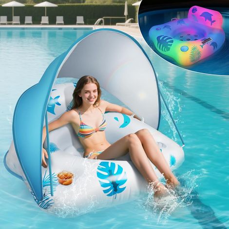 Bouee Piscine Adulte, Solaire Bouée Gonflable Piscine avec Parasol Amovible, Matelas Piscine Gonflable avec Lumières Colorées, Porte-Boissons et Poignées pour Piscine Adulte (1/5)