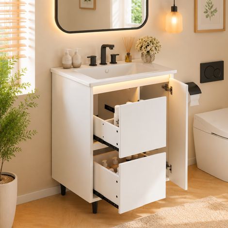 Meuble lavabo salle de bain sur pied 61x46,5x87cm, finition laquée intégrale, cuve céramique encastrée, charnières amorties, 2 tiroirs, piètement surélevé, blanc. (1/5)