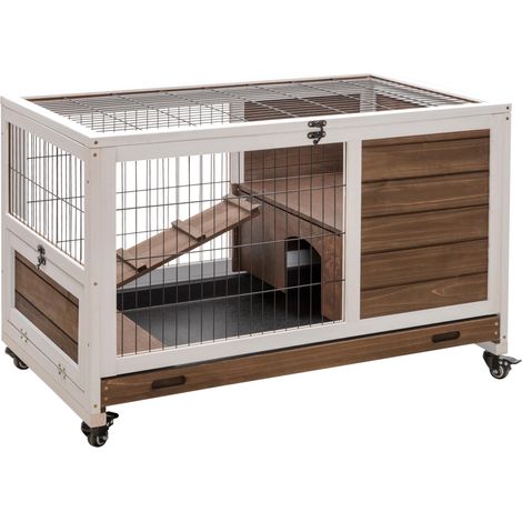 Cage à lapin à roulettes, à deux niveaux, porte verrouillable, toit ouvrant, plateau coulissant, rampe, marron et blanc. (1/5)