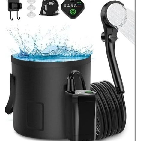 Douche de camping rechargeable avec pompe portable et seau pliable, idéale pour la randonnée et les voyages en voiture. (1/5)