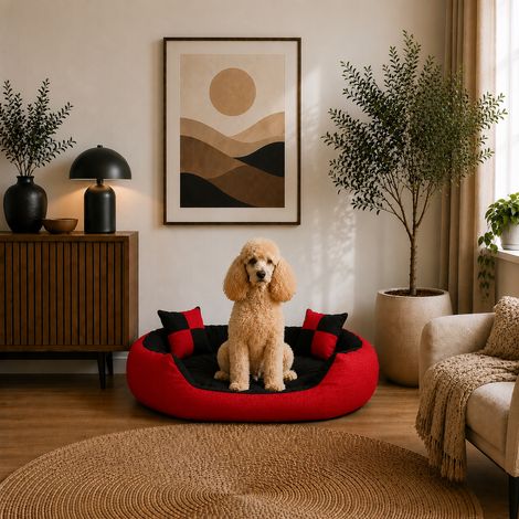 belviona 4-in-1 Hundebett, Hundekörbchen mit Wendekissen, wasserabweisend, tiefer Einstieg & 2 Spielkissen, 85x70 cm, rot/schwarz (1/5)