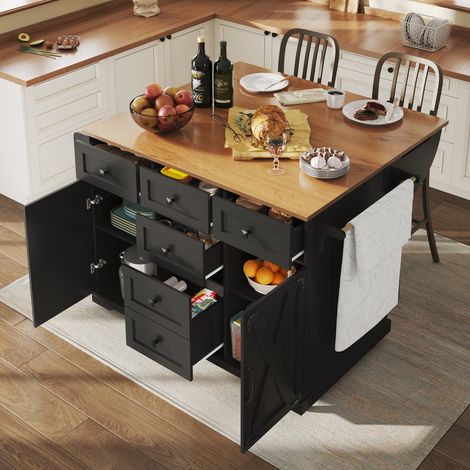 Îlot de cuisine haut de gamme, desserte multifonctionnelle en bois avec grand espace de rangement, buffet mobile, chariot de cuisine pour salle à manger, salon, cuisine, noir