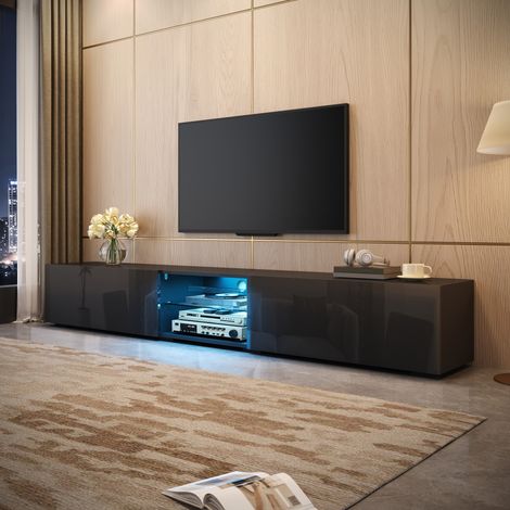 Meuble TV LED 200x30x30 cm, 2 portes abattantes haute brillance, étagère transparente, passe-câbles, éclairage multicolore via appli (1/5)