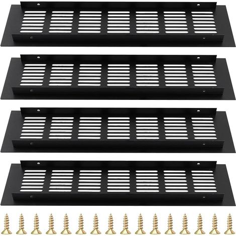 4 Pieces Black Ventilation Grills, 8 x 30 cm Rectangular Air Vent Grille with Screws, Aluminium Ventilation Grille for Cupboards, Cabinets, Radiators (1/4)