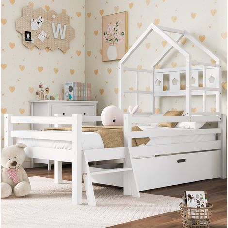 MEUBLIV Lit mezzanine cabane enfant en boisavec échelle tiroir sommier à lattes 90 x 200 cm blanc