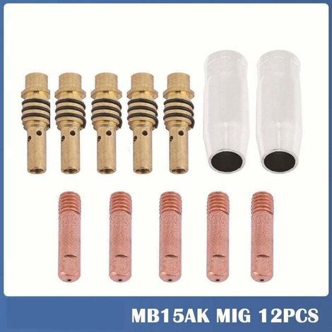12-teiliges Set für das gaslose MIG-Schweißgerät 15AK, bestehend aus MIG/MAG-Schweißdüsen, 0,8 mm Kontaktspitzen, Gasanschlusshalter, konischer Gasdüse und Kontaktrohrhalter. (1/4)
