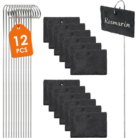Schieferplatte Pflanzenschild 10x7 cm mit Erdspieß - 12er Set - Schiefer Pflanzenstecker mit Metallspieß witterungsbeständig