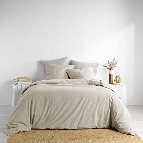 Douceur D'Intérieur – Parure de lit en coton lavé 260x240 cm – Tissage 57 fils/cm² – Housse unie avec liseré blanc – Certifiée Oeko-Tex®