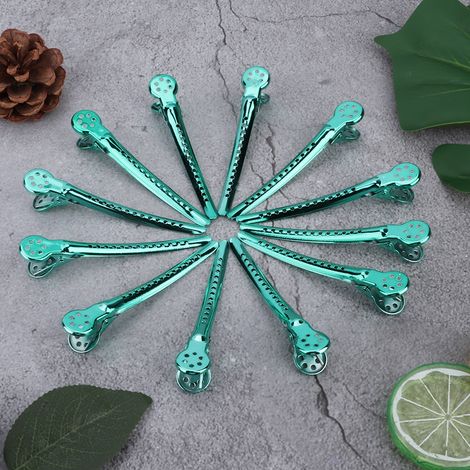 Boîte de 12 pinces à cheveux vertes pour coiffure professionnelle, idéales pour les salons de coiffure. (1/5)