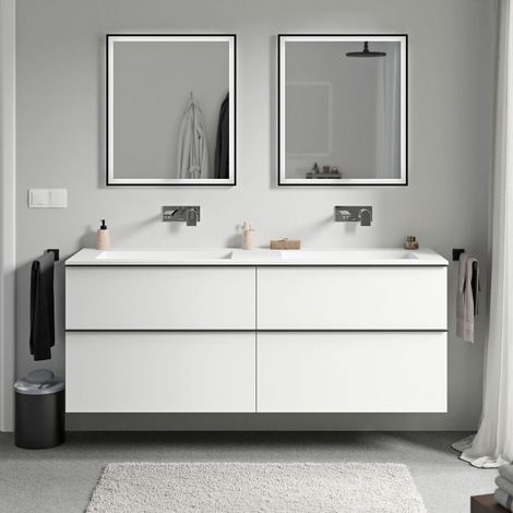 Waschtischunterschrank Bernstein LAVOA 160cm mit Mineralguss Waschbecken BRUXELLES Badmöbel: Weiß matt, Waschbecken: Weiß matt ohne Hahnloch, Metallgriff: Anthrazit matt