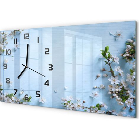 Horloge Murale Panoramique Moderne 60x30 cm Verre Trempé Sans Tic-Tac Arrière-plan de fleurs de cerisier (1/5)