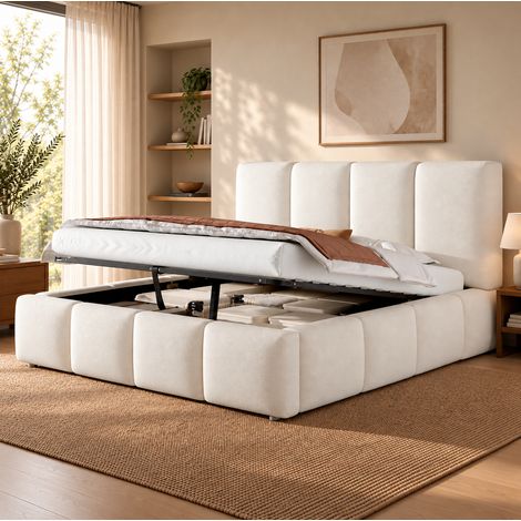 Cama tapizada 160/200 cm blanca en bouclé con canapé hidráulico y somier de láminas (1/5)