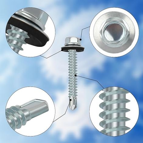 Vis Autoforeuse Metal 6,3x50 mm Inox Bac Acier Hexagonale Autoperceuse pour Metal Vis Etanche Joint Tole Toiture Autoforante Auto Foreuse Fixation Argenté (1/3)