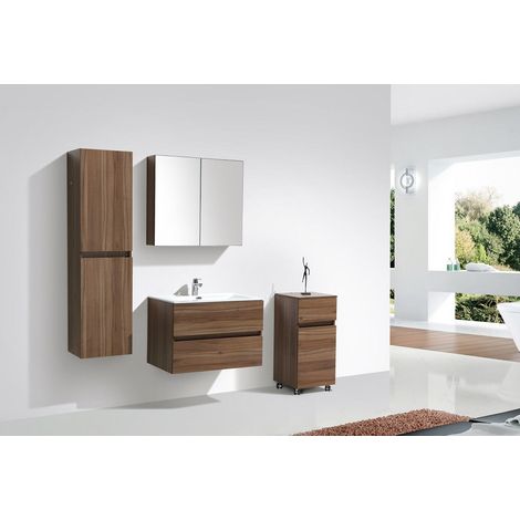 Stano. – Meuble salle de bain suspendu 80 cm – Vasque en marbre synthétique blanc – Noyer mélaminé – Tiroirs avec rails amortisseurs — vue 3