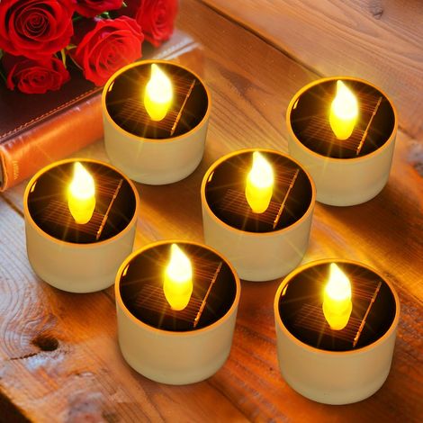Lot de 6 bougies chauffe-plat solaires d'extérieur étanches sans flamme avec capteur du crépuscule à l'aube, bougies chauffe-plat réutilisables pour lanterne, jardin, camping, fête, maison (1/5)