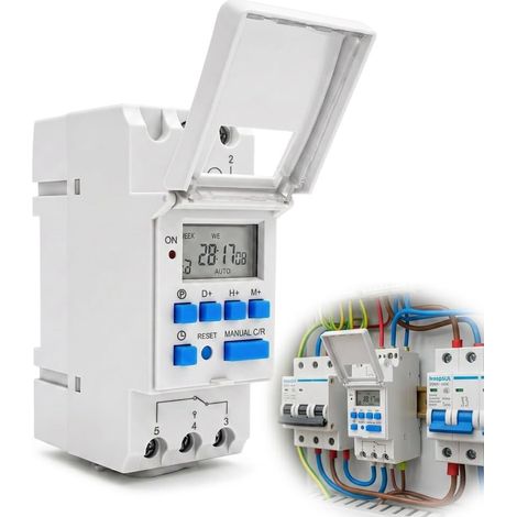 Programmateur Numérique Rail DIN AC220V Minuterie Hebdomadaire Écran LCD 16 programmes,hebdomadaire,réserve mémoire coupure courant,montage rail DIN,écran LCD lisible,Gris (1/5)