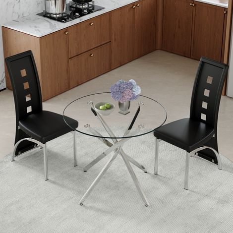 DESMIU Table de salle à manger ronde avec 2 chaises, structure métallique, dossier ajouré, pour salle à manger, noir et argent (1/5)