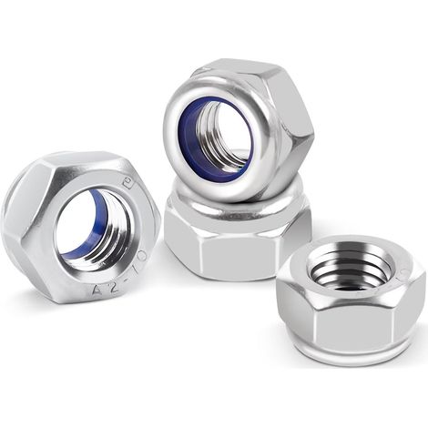 M6-Edelstahlmutter  50 Stück M6-Edelstahl-Nylon-Sicherungsmuttern, A2 V2A selbstsichernde Muttern (DIN 986 / ISO 106110), Nylon-Sechskant-Sicherungsmuttern, Standard-Metrisches Gewinde (1/5)