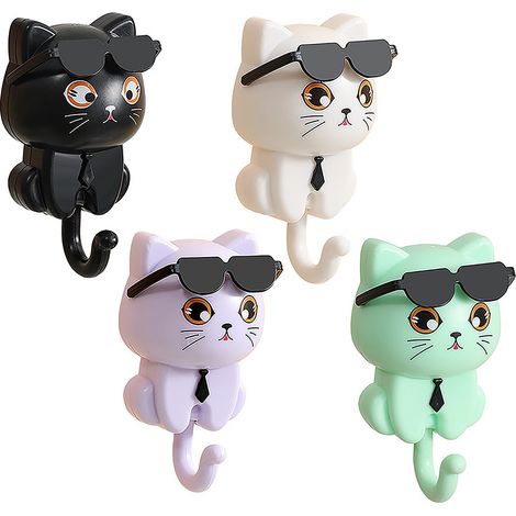 Percheros y llaveros creativos – 4 piezas, resistentes, con ganchos giratorios en forma de gato, no requieren taladrar, en negro, blanco, morado y verde esmeralda. (1/5)