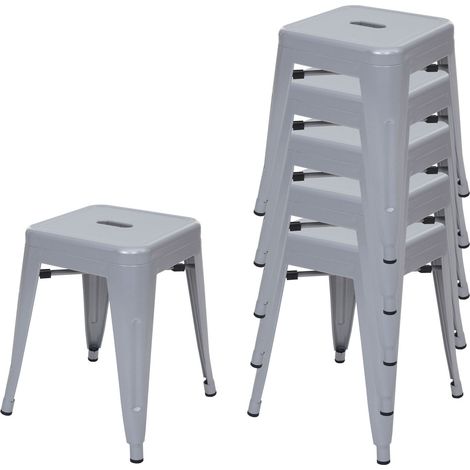 Lot de 6 tabourets bas en métal gris design industriel empilable 040007803