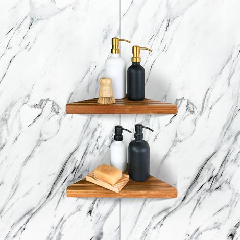 Tablette d’Angle de Salle de Bain en Acacia, Étagère de Douche Triangulaire à 2 Niveaux, Sans Perçage (1/5)