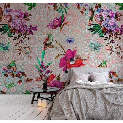 Papier peint panoramique multicolore pour salon | Tapisserie panoramique originale motif floral | Papier peint panoramique élégant idéal pour chambre - 270 x 400 cm (4 pièces) (1/5)