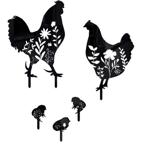 Schwarze Silhouette-Pfahl-Tierdeko, 5er-Pack, dekorative Hahn-, Henne- und Kükenstatue