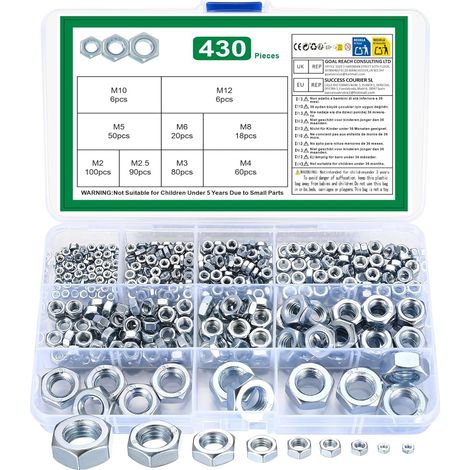430 Pcs Argenté Metal Ecrous Pour Vis Boulons Et Écrous Tige Filetées - M2 M2.5 M3 M4 M5 M6 M8 M10 M12 Kit Écrous Hexagonaux En Acier Au Carbone (1/5)