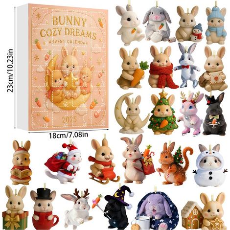 Calendrier de l'Avent de Noël avec animaux mignons, boîte surprise, 24 breloques plates en acrylique à suspendre, décorations pour sapin de Noël, coffret cadeau pour le compte à rebours des fêtes (1/5)