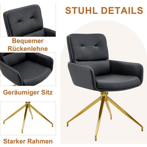 Table ronde en verre trempé de luxe 85 cm avec piètement métallique doré, accompagnée de 2 chaises de salle à manger pivotantes 360° en PU noir et or. (1/5)