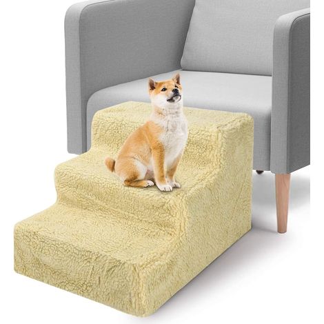 Dog Steps 3 Steps Pet Stair Step for Bed 45x35x30cm Pet Stairs Pet Ladder with Washable Non Slip Plush Cloth Cover for Dogs and Cats (Beige) (1/5)