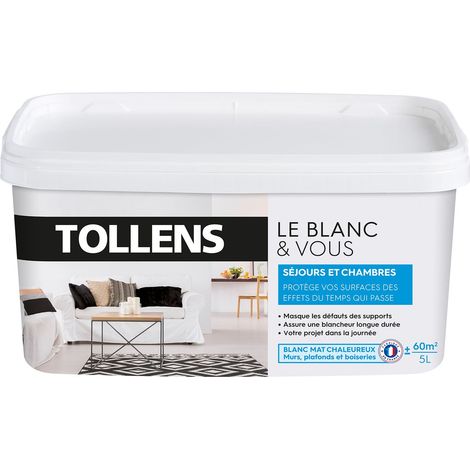 Tollens – Peinture blanche mate 5L – Blancheur durable et opacité renforcée – Séchage rapide en 1H – Pour murs et plafonds – Rendement 60m²