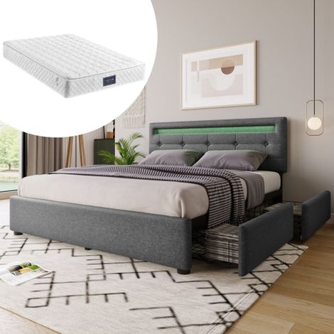 Lit 140x200 cm led tête réglable 4 tiroirs sommier bois, double confortable capitonné gris (1/5)