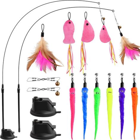 Jouet pour chat avec ventouse - Canne à pêche interactive avec plumes et jouets en peluche pour chaton (1/5)