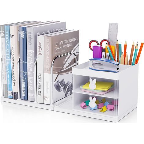 Removable desk organizer with drawer and document holder, multifunctional white desk organizer with 2 pencil holders for home, office and school (1/5)