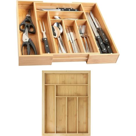 Boîte de rangement pour tiroir de vaisselle en bambou, plateau de vaisselle rétractable 6-8 grilles, adapté à l'argenterie, couteaux et fourchettes, couteaux, taille: 32-52 x 43 x 5 cm (1/5)