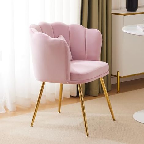 Fauteuil moderne en velours avec dossier pétale, chaise lounge rembourrée à pieds dorés et coussin papillon pour salon, chambre ou salle à manger (rose)