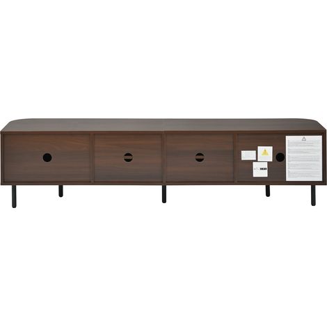 Meuble TV 180 cm en MDF finition noyer, 4 portes à façade tressée, poignées noires et pieds en fer, format long et bas pour grand écran (1/5)