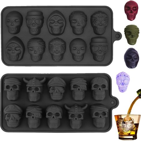 Lot de 2 moules en silicone en forme de tête de mort pour Halloween, pour gâteau, chocolat, muffins, chocolat, muffins et décoration de gâteau de fête, moules en silicone 3D flexibles (1/5)