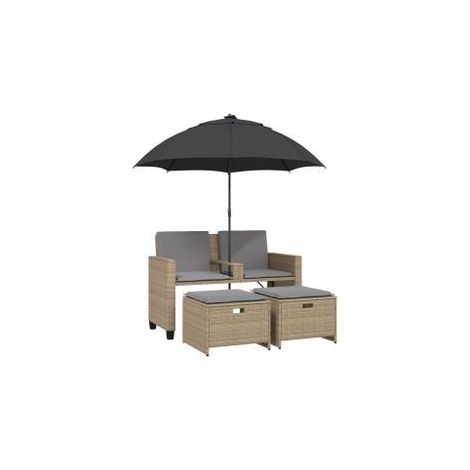 Canapé de jardin 2 places avec parasol et tabourets beige rotin (1/5)