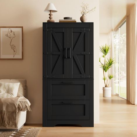 Buffet haut de cuisine - 60x30x128cm - meuble de rangement pour salon et salle à manger avec 2 tiroirs et étagères réglables - style campagne en mdf - noir (1/5)